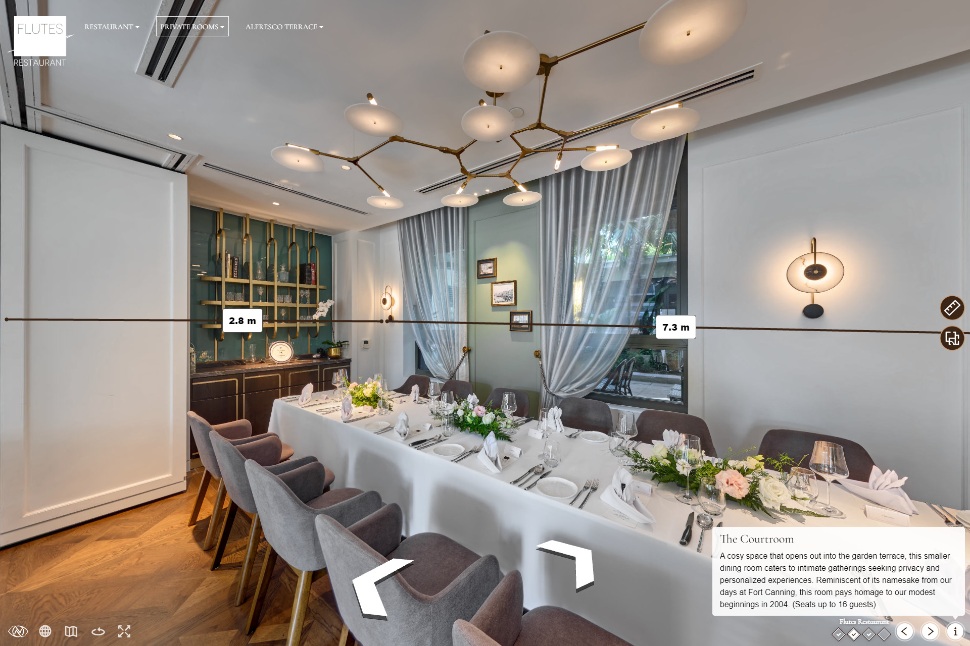 Hotel virtual tour measurement tool showing room dimensions for MICE event planning