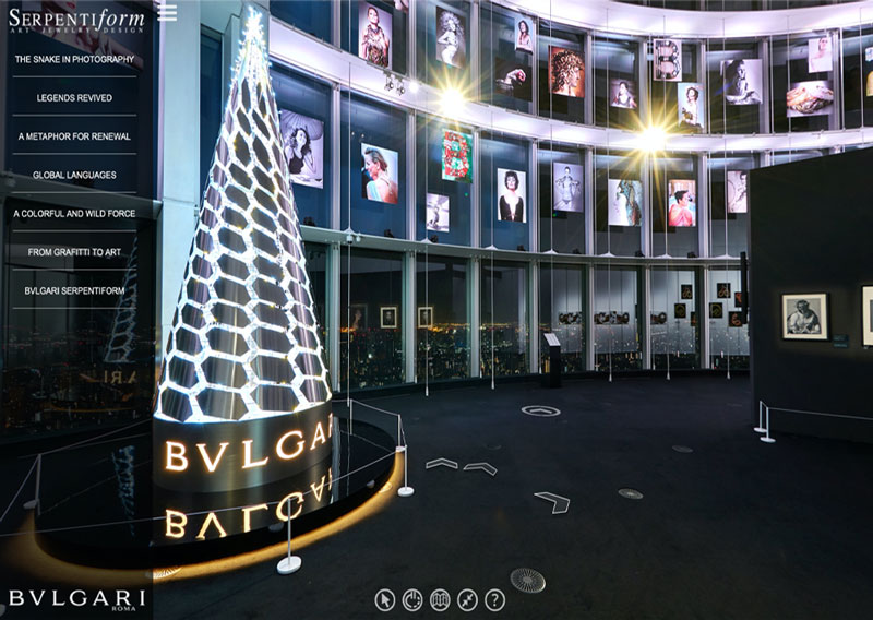 Exhibition virtual tour of Bulgari Serpentiform Tokyo showing colorful serpent sculptures and yellow polka-dot snake artwork