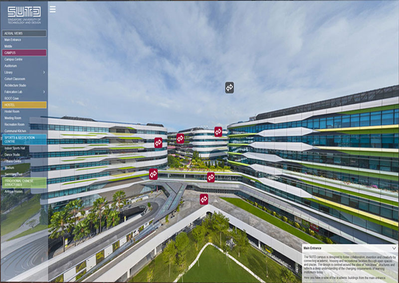 University virtual tour aerial view of SUTD campus showing modern white-finned academic buildings with landscaped courtyards